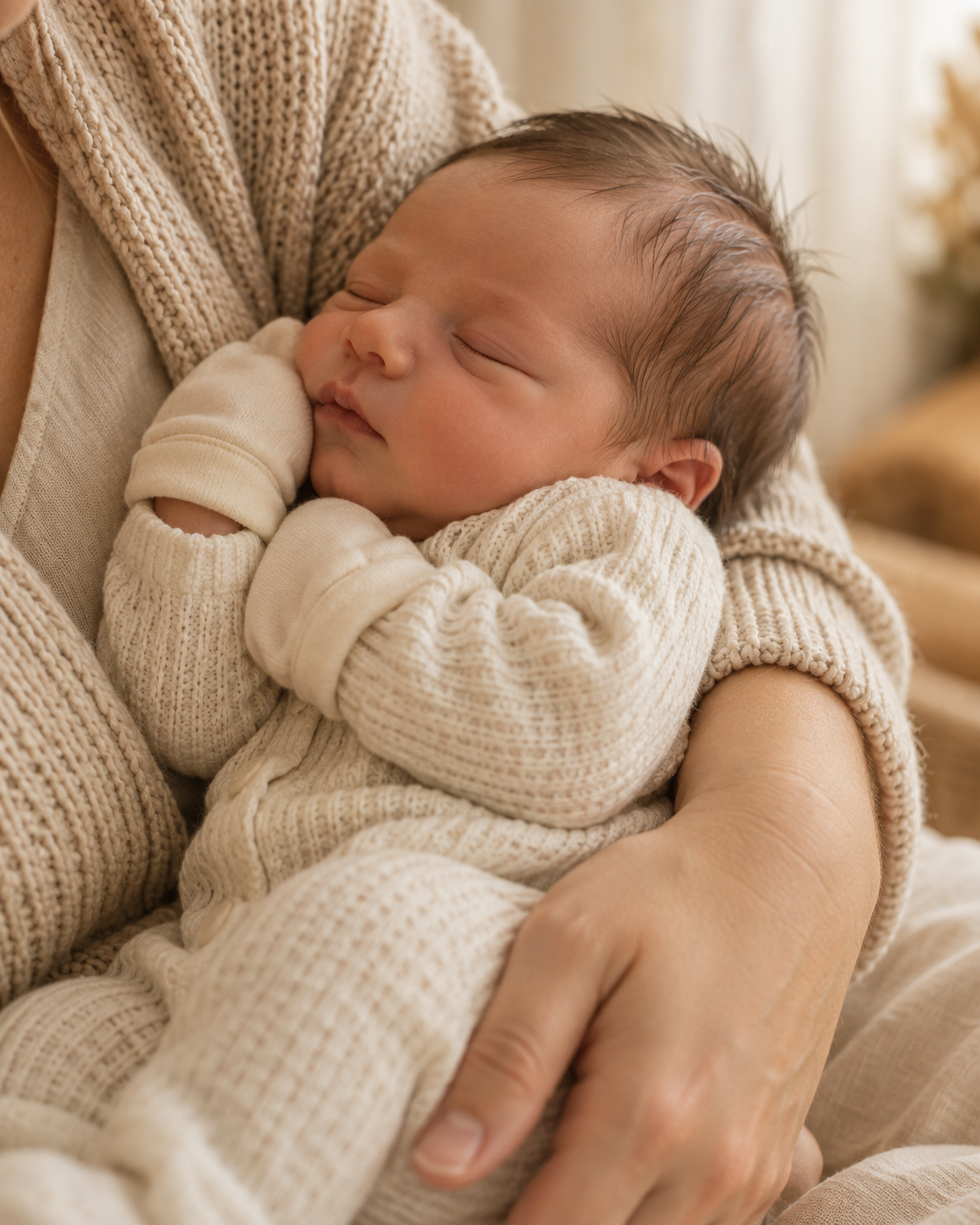 A newborn resting peacefully in warm light