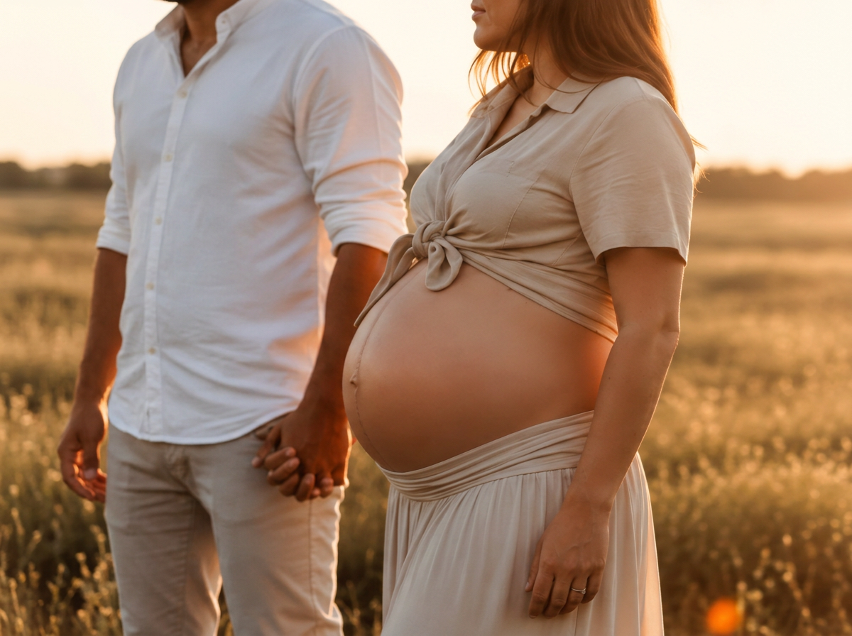 Expectant couple holding hands beside a pregnant belly in a sunlit field
